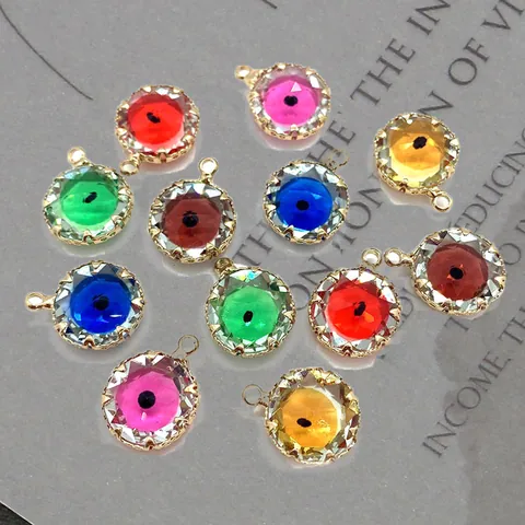 Copper Round Evil Eye Faceted Crystal Pendant Charm For DIY Necklace Bracelet Jewelry Making Women Findings Accessories