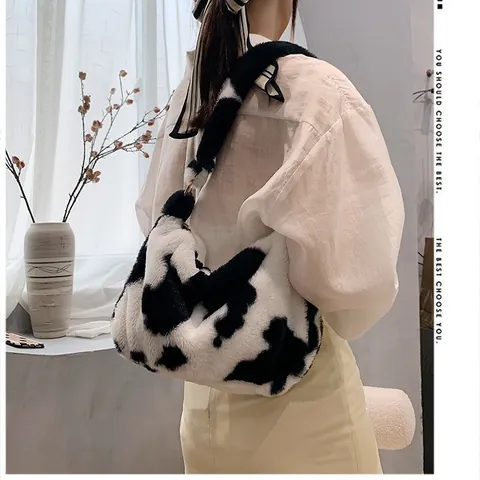 Women Plush Underarm Bag Fashion Cow Leopard Pattern Faux Fur Shoulder Bag Soft Fluffy Handbag Zipper Closure Winter Tote Bag