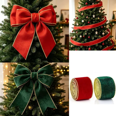 Christmas Flocked Velvet Ribbon With Gold Wired Edge Red Green Ribbons For Christmas Tree Decor Gift Wrapping DIY Crafts