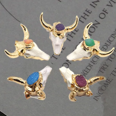 Bohemian Bull Head Pendant Resin Natural Druzy Stone Inlay Gold Plated Bull Horn Skull Charm For Jewelry Making DIY Findings