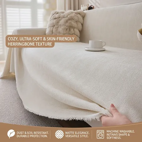 Modern Chenille Sofa Cover Blanket Herringbone Pattern With Fringe Tassel For Living Room Couch Protector Washable Cream Style Furniture Cover