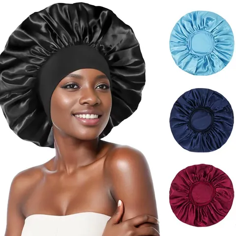 Large Satin Sleep Cap Wide Elastic Band Hair Protection Bonnet Solid Color Cherry Print Night Head Wrap For Women