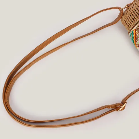 Women Hand Woven Paper Rope Crossbody Bag Colorful Beaded Flap Summer Vacation Small Bohemian Shoulder Bag Simple Style Handbag