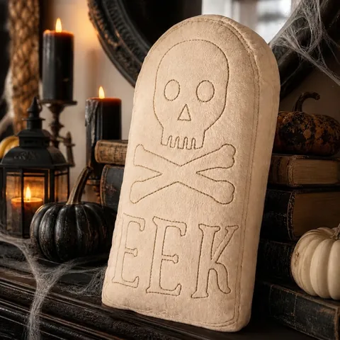 Halloween Tombstone Skull Plush Pillow Embroidered EEK Decorative Throw Pillow For Home Party Festive Ornaments Beige