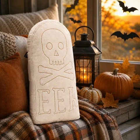 Halloween Tombstone Skull Plush Pillow Embroidered EEK Decorative Throw Pillow For Home Party Festive Ornaments Beige