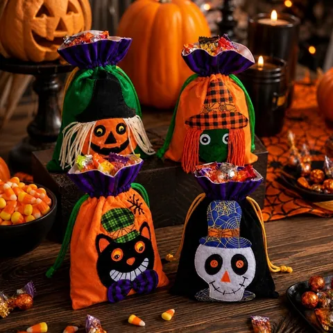 Halloween Τσάντα για Γλυκά με Κορδόνι Βελούδινη Κολοκύθα Μάγισσα Σκελετός Μαύρη Γάτα για Πάρτι Παιδικά Δώρα
