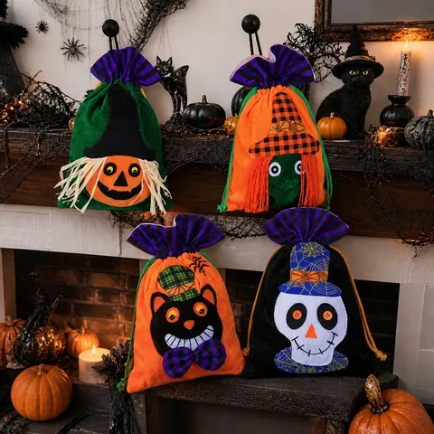 Halloween Τσάντα για Γλυκά με Κορδόνι Βελούδινη Κολοκύθα Μάγισσα Σκελετός Μαύρη Γάτα για Πάρτι Παιδικά Δώρα