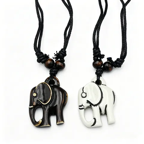 Collar con Colgante de Elefante de Resina Vintage para Hombres Mujeres Étnico Hueso Sintético Tallado Animal Charm Cuerda