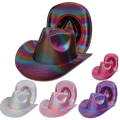 Rainbow Striped Holographic Cowboy Hat Western Iridescent Metallic Party Carnival Festival For Men Women Costume Accessory