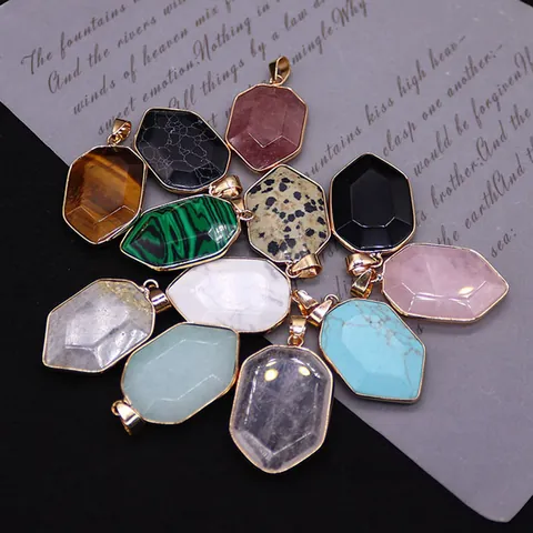 Natural Stone Faceted Shield Pendant With Electroplated Copper Edge For Necklace DIY Jewelry Making Men Women Accessory