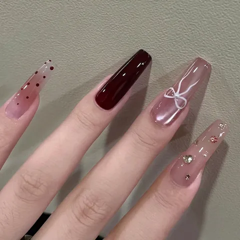 French Red Pink Purple Gradient Press On Nails Long Coffin Shape 3D Bowknot Rhinestone Handmade False Nails For Women Daily Party Manicure Decor