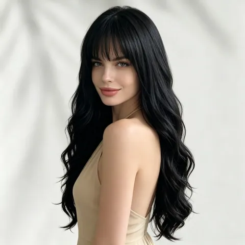Long Curly Wave Synthetic Wig For Women With Flat Bangs Heat Resistant Fiber Natural Looking Cosplay Party Daily Hair Extension