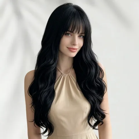 Long Curly Wave Synthetic Wig For Women With Flat Bangs Heat Resistant Fiber Natural Looking Cosplay Party Daily Hair Extension