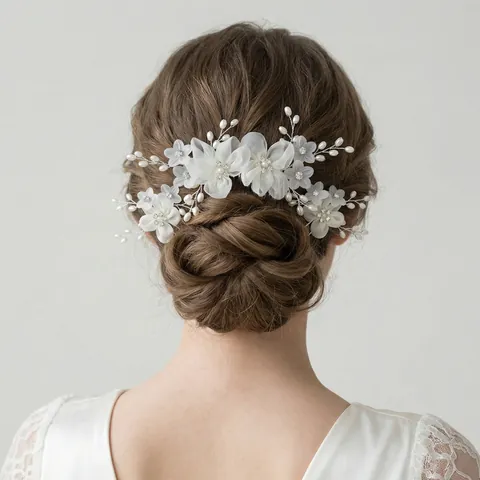 Handmade Bridal Hair Accessories White Fabric Flower Faux Artificial Pearl Rhinestone Hair Comb And Pins For Wedding Party Women