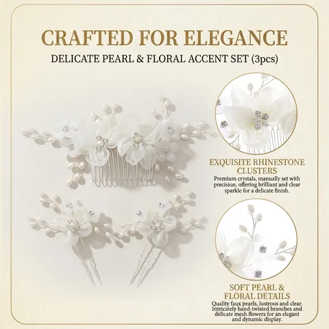 Handmade Bridal Hair Accessories White Fabric Flower Faux Artificial Pearl Rhinestone Hair Comb And Pins For Wedding Party Women