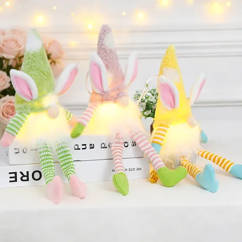 Easter Bunny Gnome Plush With LED Light Long Striped Legs Faceless Doll Rabbit Ears Gnome Home Table Decoration Festive Ornaments