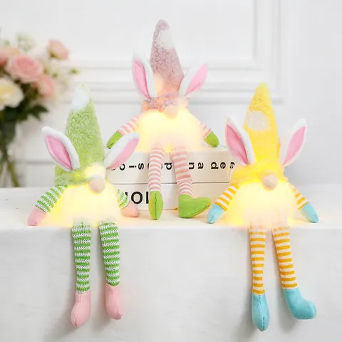 Easter Bunny Gnome Plush With LED Light Long Striped Legs Faceless Doll Rabbit Ears Gnome Home Table Decoration Festive Ornaments