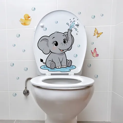 Cartoon Elephant Please Flush Toilet Sticker Waterproof PVC Self Adhesive Bathroom Decoration Decal Home Restroom Wall Art