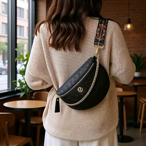 Women Fashion PU Leather Quilted Chest Bag With Gold Chain And Bohemian Embroidered Wide Strap Stylish Crossbody Waist Bag