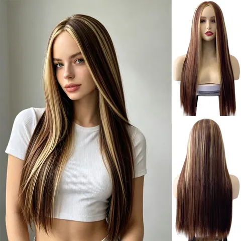 Long Straight Highlighted Wig For Women Middle Part Ombre Brown Blonde Synthetic Hair Heat Resistant Full Machine Made