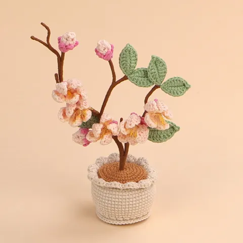 Handgehäkelt Aprikosenblüte Topfpflanze Simuliertes Gestricktes Pfirsichblüte Desktop Ornament Beige Wollgarn Topf Haus Büro Dekor