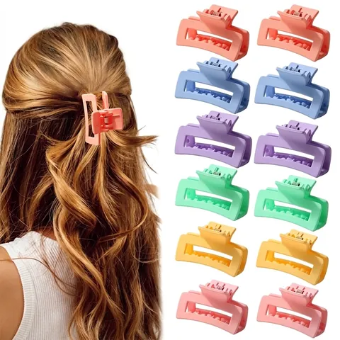 Women Small Rectangular Matte Hair Claw Clip Colorful Macaron Plastic Shark Hair Clip Minimalist Frosted Hollow Styling Accessory