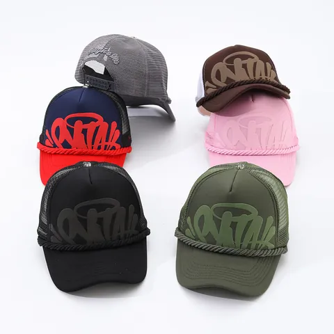 American Streetwear Graffiti Puff Print Trucker Hat Mesh Back Baseball Cap With Decorative Rope Metal Cross Button Unisex Sunshade Fashion Hat