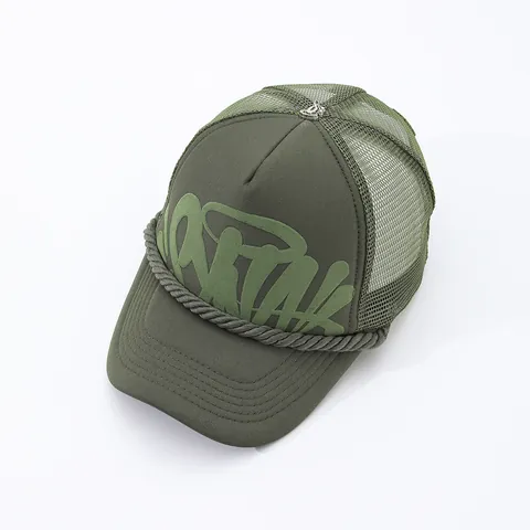 American Streetwear Graffiti Puff Print Trucker Hat Mesh Back Baseball Cap With Decorative Rope Metal Cross Button Unisex Sunshade Fashion Hat