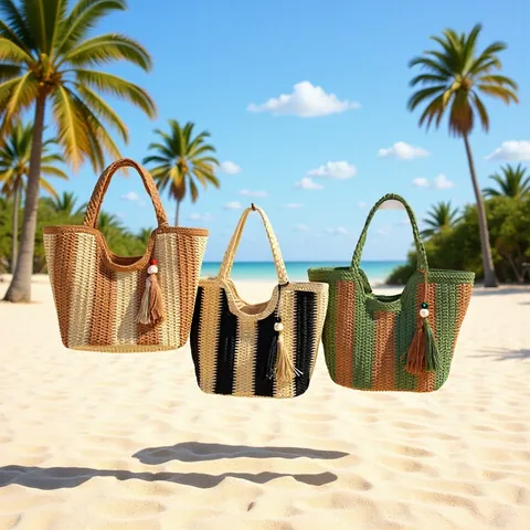 Large Capacity Straw Woven Tote Bag For Women Summer Beach Holiday Striped Shoulder Bag With Tassel Wood Beads Decor