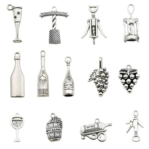 Vintage Antique Silver Wine Charms Zinc Alloy Red Wine Bottle Grape Glass Opener Pendants For DIY Jewelry Making Accessories