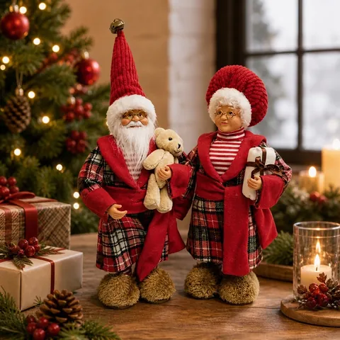Christmas Santa Claus Mrs Claus Figurine Red Plaid Pajamas Standing Doll With Teddy Bear Gift Holiday Home Decor Ornament