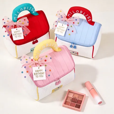 House Shape Makeup Bag Quilted Pleated Handheld Contrast Color Travel Toiletry Organizer Novelty Gift