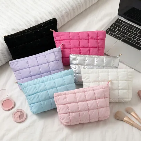 Quilted PU Leather Makeup Bag Puffy Cosmetic Pouch Waterproof Travel Organizer Handbag For Women Chic Casual Solid