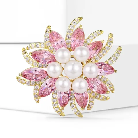 Elegant Flower Pearl Brooch For Women Copper Gold Plated Zirconia Floral Corset Pin For Suit Dress Wedding Jewelry Gift