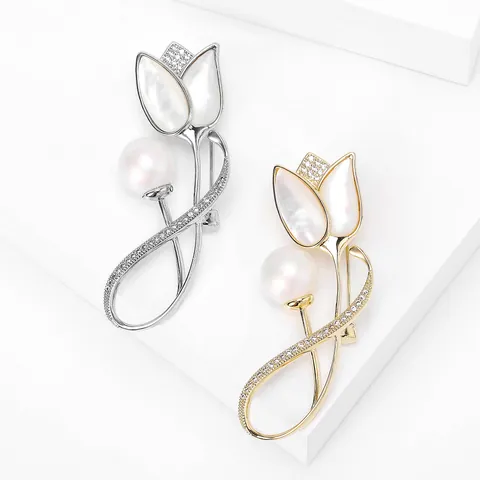 Elegant Tulip Shell Flower Brooch With Artificial Pearl Rhinestone Alloy Plant Shape Fashion Breastpin For Women Suit Jewelry