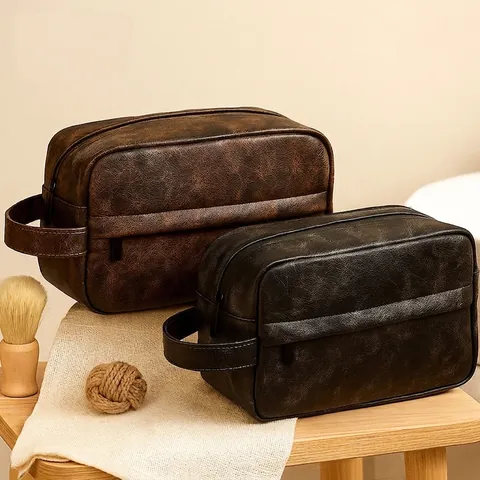 Men Toiletry Bag Vintage PU Leather Waterproof Large Capacity Travel Wash Bag Portable Organizer For Business Grooming