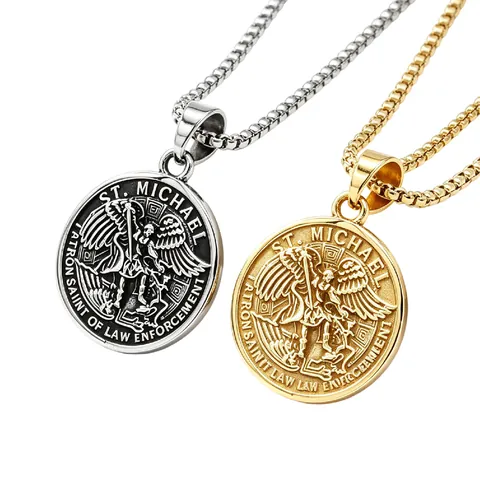 Collar con Colgante de Medalla Redonda de Acero de Titanio del Arcángel San Miguel Patrón de la Ley Joyería para Hombre