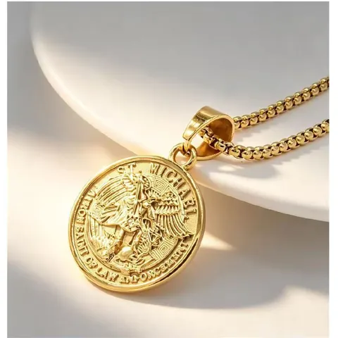 Collar con Colgante de Medalla Redonda de Acero de Titanio del Arcángel San Miguel Patrón de la Ley Joyería para Hombre