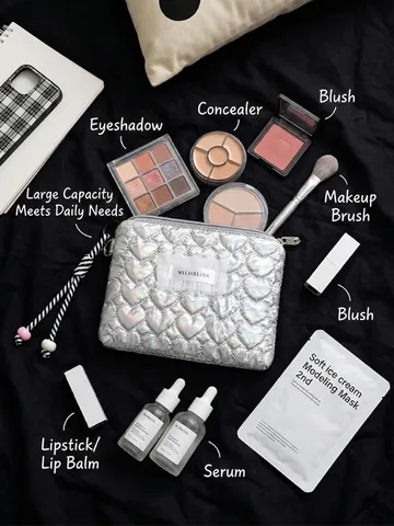 Borsa Per Trucco Trapuntata Argento Laser Olografica Motivo Cuore Plaid Pizzo Pochette Per Cosmetici Portatile Cerniera
