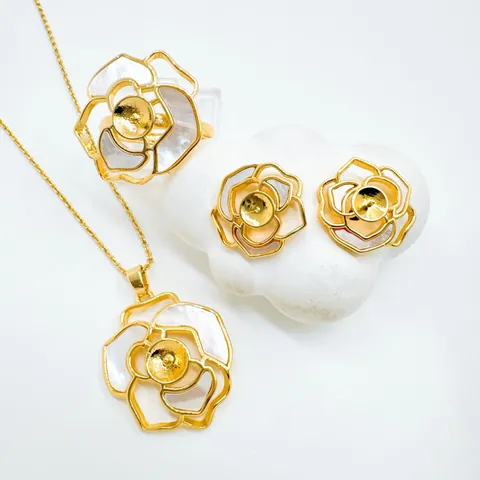 Componenti per Gioielli Fai Da Te Camelia Vintage in Madreperla Con Perno in Argento Sterling 925 per Orecchini Ciondolo Anello