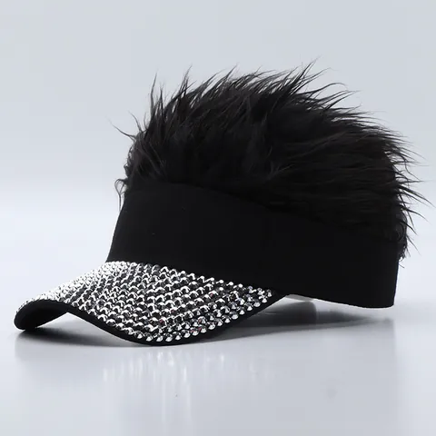 Gorra de Béisbol de Mezcla de Algodón Novedad Con Peluca Falsa Strass Incrustado Visera Curva Hip Hop Gorro Parasol para Fiesta