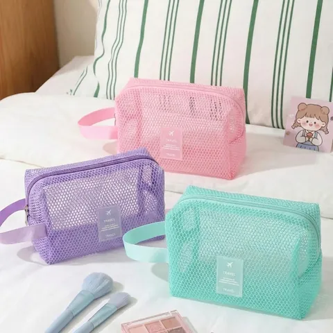 Mesh Cosmetic Bag Polyester Breathable Transparent Travel Toiletry Organizer Macaron Color Portable Handle For Women