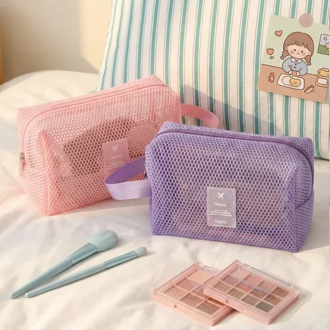 Mesh Cosmetic Bag Polyester Breathable Transparent Travel Toiletry Organizer Macaron Color Portable Handle For Women
