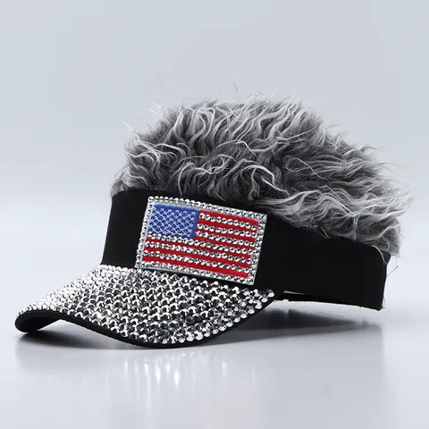 Gorra de Béisbol de Mezcla de Algodón Novedad Con Peluca Falsa Strass Incrustado Visera Curva Hip Hop Gorro Parasol para Fiesta