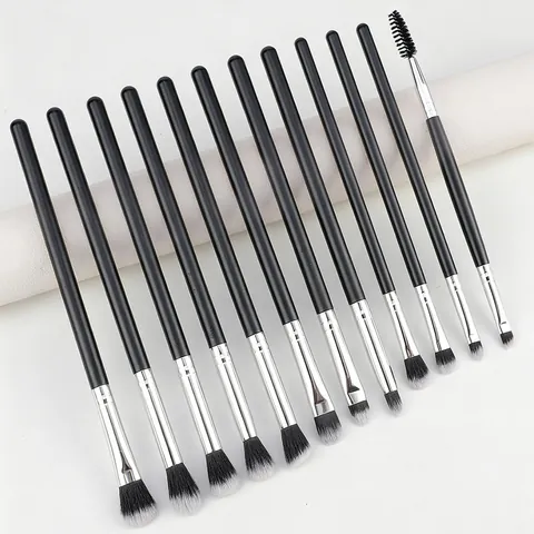 Professional Eye Makeup Brush Set Fiber Hair Black Silver Plastic Handle Eyeshadow Blending Eyeliner Detail Cosmetic Tool Kits For Women Everyday Beauty