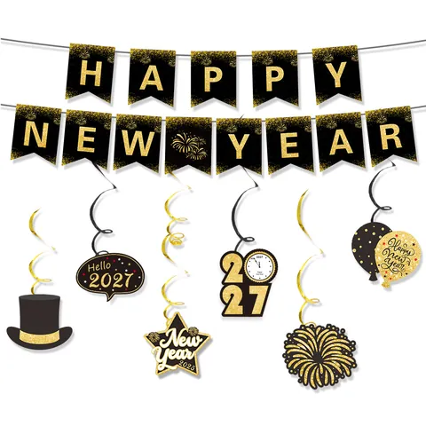 Pancarta De Feliz Año Nuevo 2026 Y Decoración Colgante En Espiral Negro Oro Patrón Fuegos Artificiales Papel Artículos Fiesta