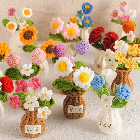 Handmade Crochet Potted Flowers Yarn Knitted Artificial Tulip Rose Sunflower Desktop Decor Ornaments For Home Office Gift