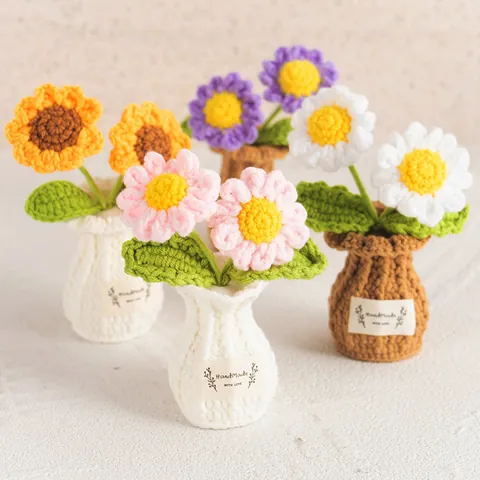 Handmade Crochet Potted Flowers Yarn Knitted Artificial Tulip Rose Sunflower Desktop Decor Ornaments For Home Office Gift