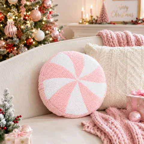 Cojín Decorativo Redondo de Caramelo en Espiral Rosa y Blanco para Navidad Peluche Suave para Decoración del Hogar y Fiestas