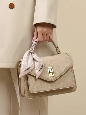 Dames Mode Lychee Grain PU Lederen Handtas Elegant Klein Vierkant Crossbody Tas Met Sjaal Decor Metalen Slot Commuter Portemonnee